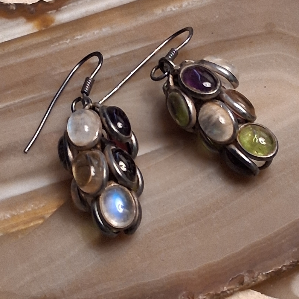 Artisan Multi-Stone Sterling Silver Drop Earrings - Green, Purple, Blue, Cream